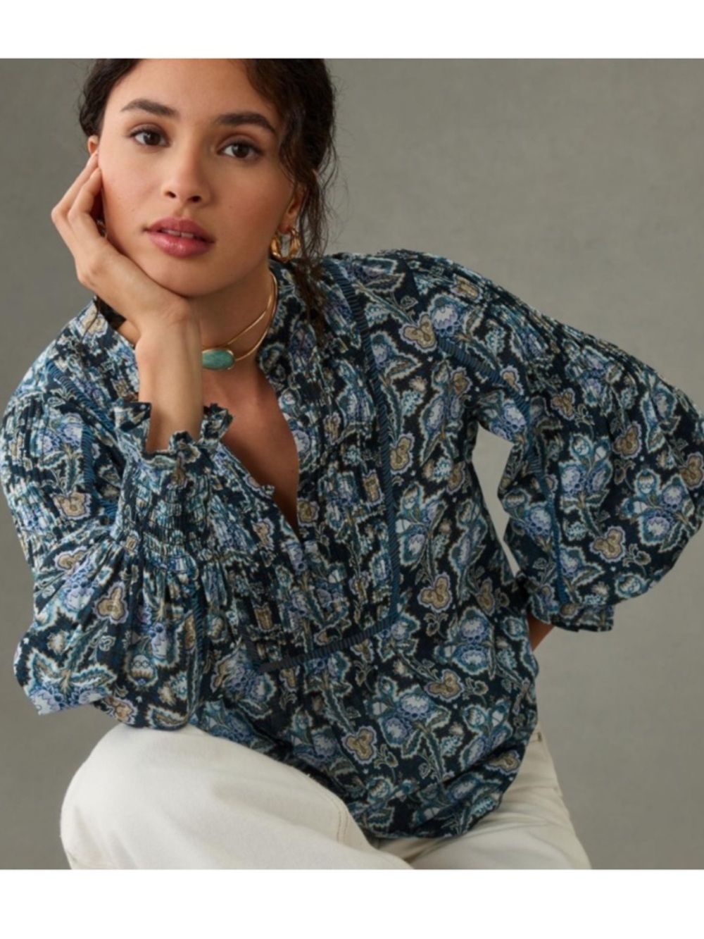 BOGO! Anthropologie Cotton Pintuck Peasant Blouse Blue Floral Motif XXS - Picture 2 of 11